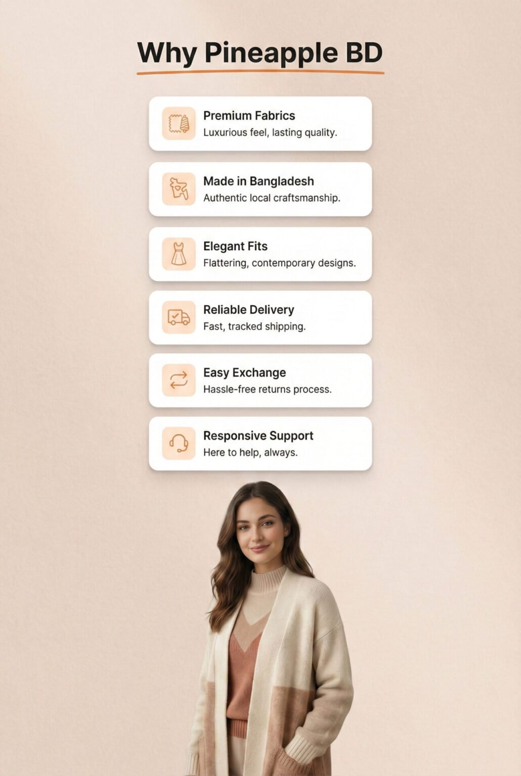 Why Pineapple BD trust section showing premium fabrics, made in Bangladesh, elegant fits, reliable delivery, easy exchange, and responsive support.