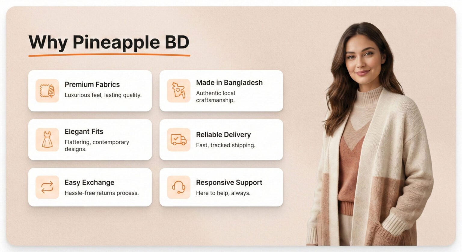 Homepage Why Pineapple BD section with six benefit cards and a model in winter knitwear, highlighting quality, local craftsmanship, delivery, exchange, and support.