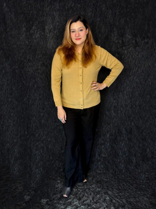 Premium camel beige woolen winter cardigan with button front for women by PineappleBD