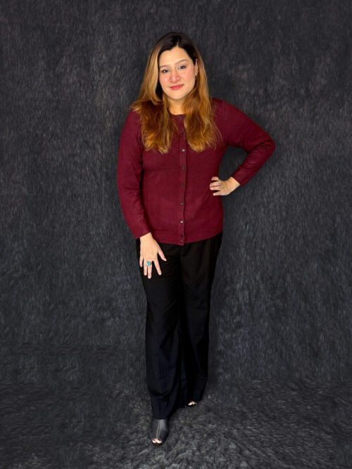Premium maroon woolen winter cardigan with button front for women by PineappleBD
