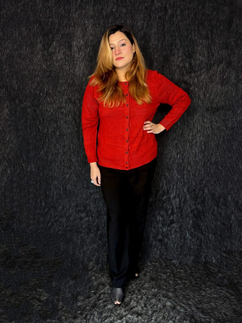 Premium red woolen winter cardigan with button front for women by PineappleBD
