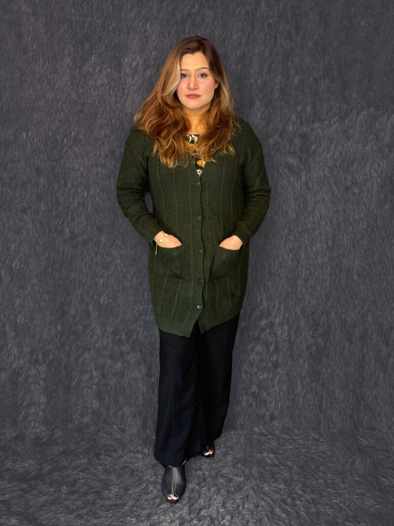 Premium olive green long woolen cardigan for women with pockets by PineappleBD