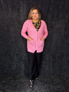 Premium pink long woolen cardigan for women with pockets by PineappleBD