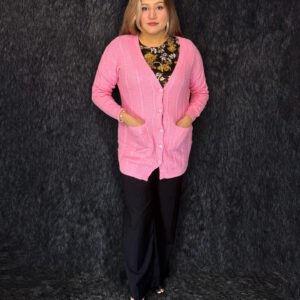 Premium pink long woolen cardigan for women with pockets by PineappleBD