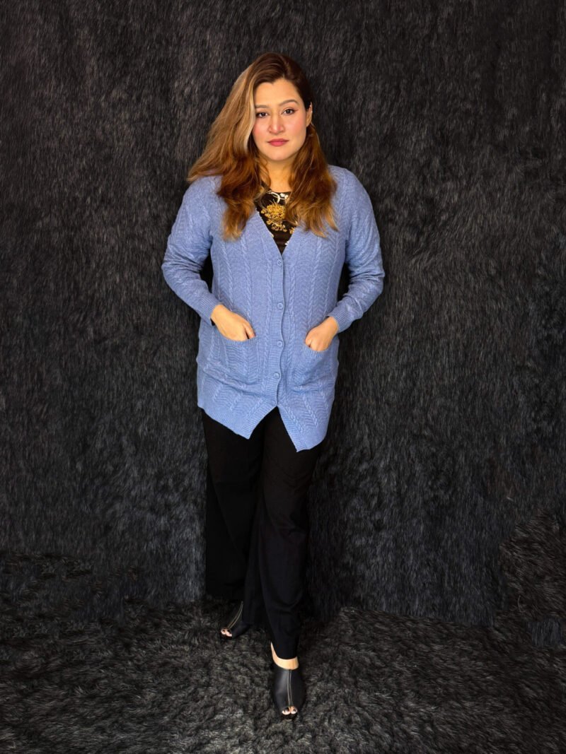 Premium sky blue long woolen cardigan for women with pockets by PineappleBD