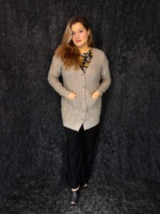 Premium beige long woolen cardigan for women with pockets by PineappleBD