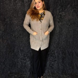 Premium beige long woolen cardigan for women with pockets by PineappleBD