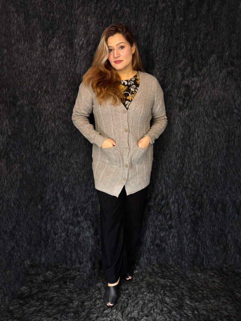 Premium beige long woolen cardigan for women with pockets by PineappleBD