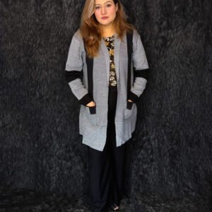 Premium black and white striped long woolen cardigan for women with pockets by PineappleBD