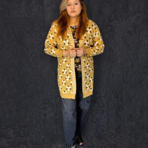 Premium mustard printed long woolen cardigan for women with button front by PineappleBD