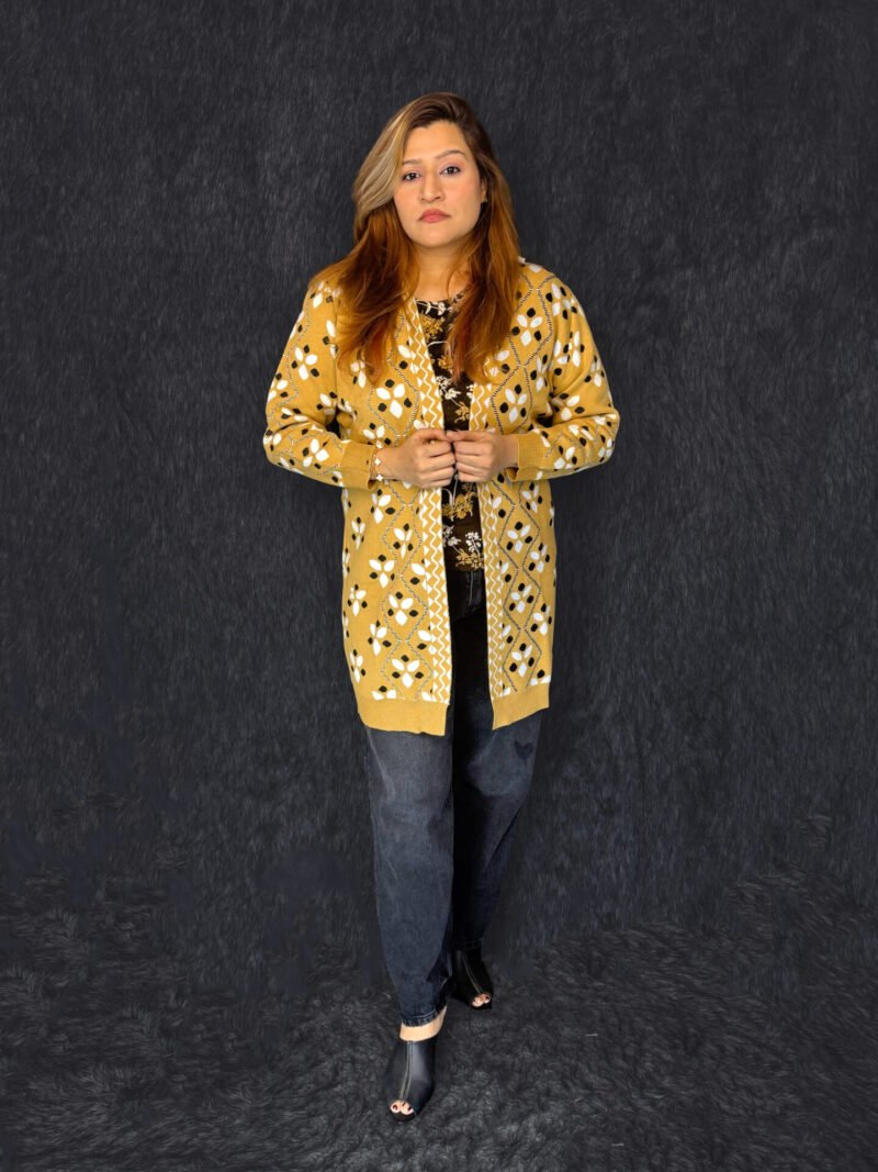 Premium mustard printed long woolen cardigan for women with button front by PineappleBD
