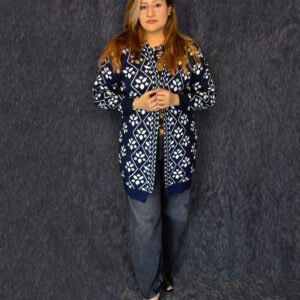 Premium navy blue printed long woolen cardigan for women with button front by PineappleBD