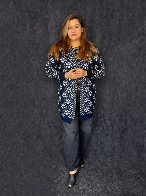 Premium navy blue printed long woolen cardigan for women with button front by PineappleBD