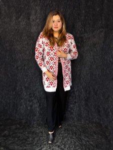 Premium floral pink printed long woolen cardigan for women with button front by PineappleBD