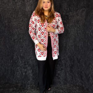 Premium floral pink printed long woolen cardigan for women with button front by PineappleBD