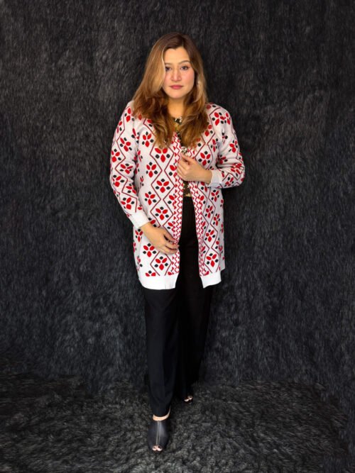 Premium floral pink printed long woolen cardigan for women with button front by PineappleBD