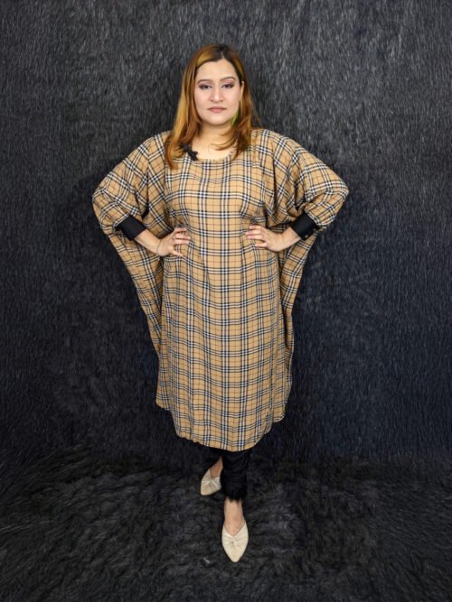 Women’s beige check print kaftan abaya with batwing sleeves and black cuff details