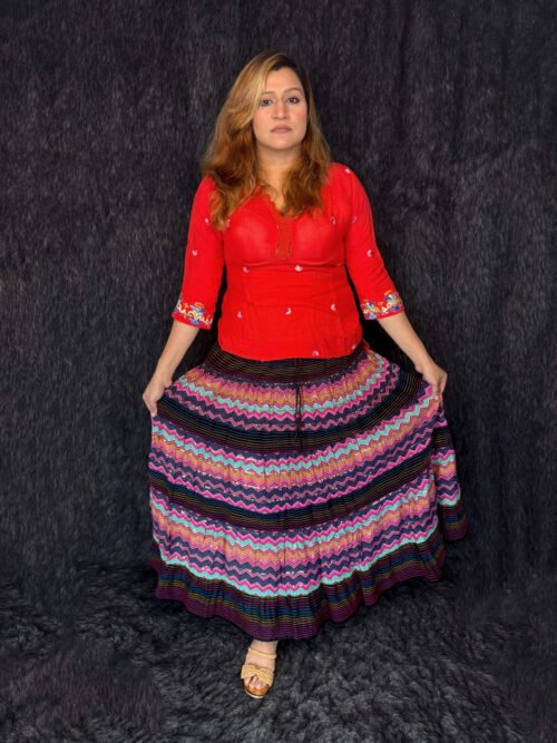 Women’s multicolor zigzag printed long skirt with red embroidered top